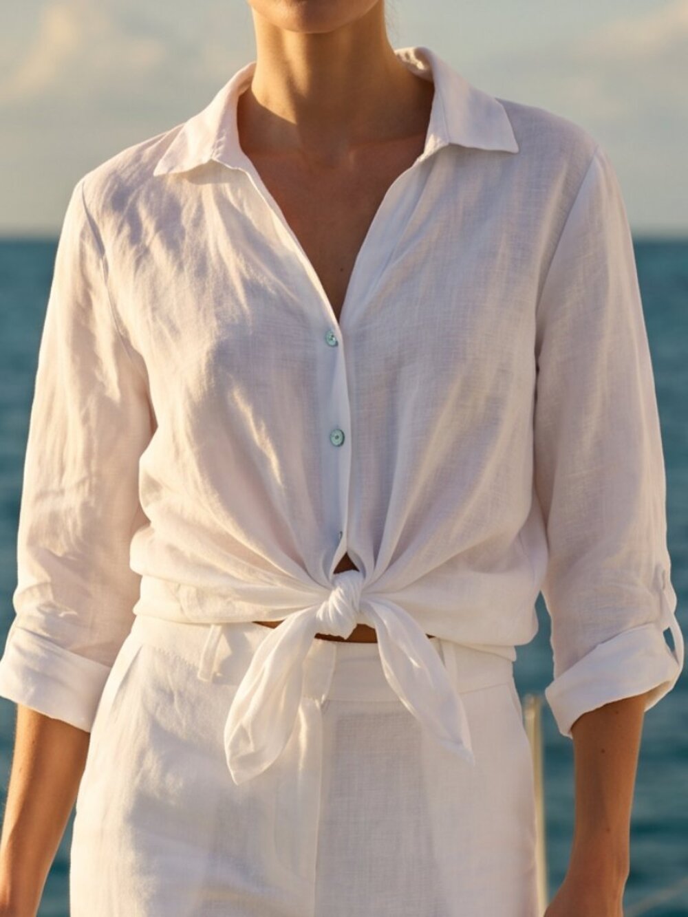 $158 Coton Frais 100% linen tie front top white US L